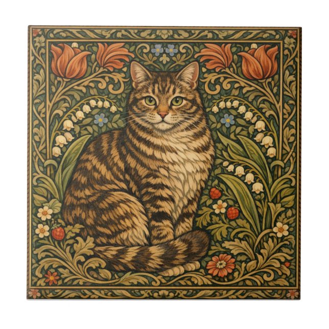 Azulejo Elegante gato vintage floral botánico (Frente)
