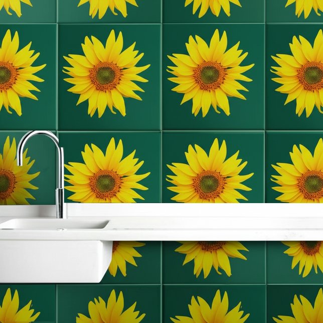Azulejo Elegante girasol (arte de la pared floral) verde e (Sunflower Emerald Green Ceramic Tiles
)