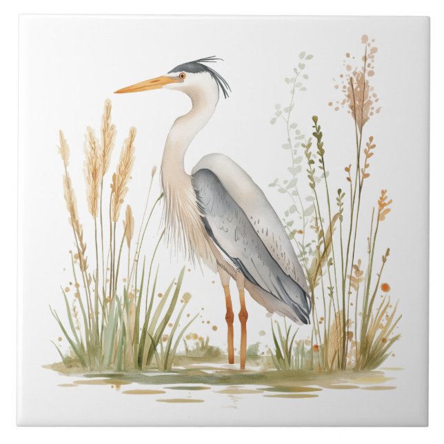 Azulejo Elegante lago Heron y Rushes (Frente)
