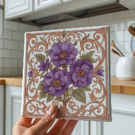Azulejo Elegante Lavanda Vintage Nouveau Floral