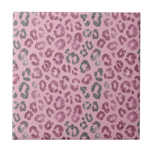 Azulejo Elegante Leopardo de Purpurina Plateado sobre Dora (Frente)