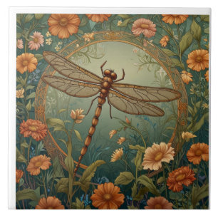 Azulejo Elegante libélula verde de primavera Art Nouveau