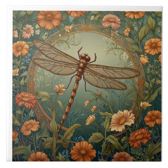 Azulejo Elegante libélula verde de primavera Art Nouveau (Frente)