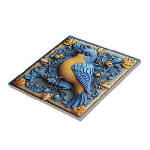 Azulejo Elegante Lindo Moderno Fauna Floral Azul Pájaro