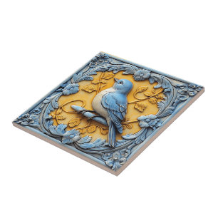 Azulejo Elegante Lindo Moderno Fauna Floral Azul Pájaro