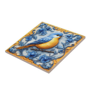 Azulejo Elegante Lindo Moderno Fauna Floral Azul Pájaro