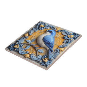 Azulejo Elegante Lindo Moderno Fauna Floral Azul Pájaro