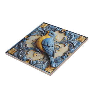 Azulejo Elegante Lindo Moderno Fauna Floral Azul Pájaro