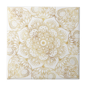 Azulejo Elegante Mandala Floral de Oro Blanco