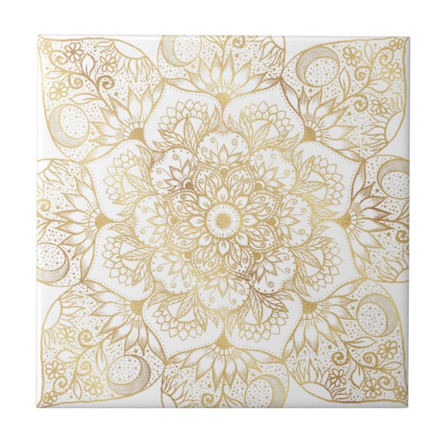 Azulejo Elegante Mandala Floral de Oro Blanco (Frente)