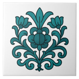 Azulejo Elegante Mandala Floral de Vidrio Pintado Teal