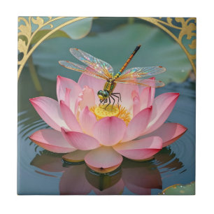 Azulejo Elegante Marco de Libélula Rosa Art Nouveau
