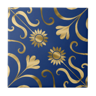 Azulejo Elegante Marina Floral Damask Azul y Girasol Oro