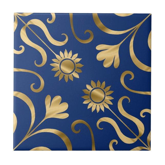 Azulejo Elegante Marina Floral Damask Azul y Girasol Oro (Frente)