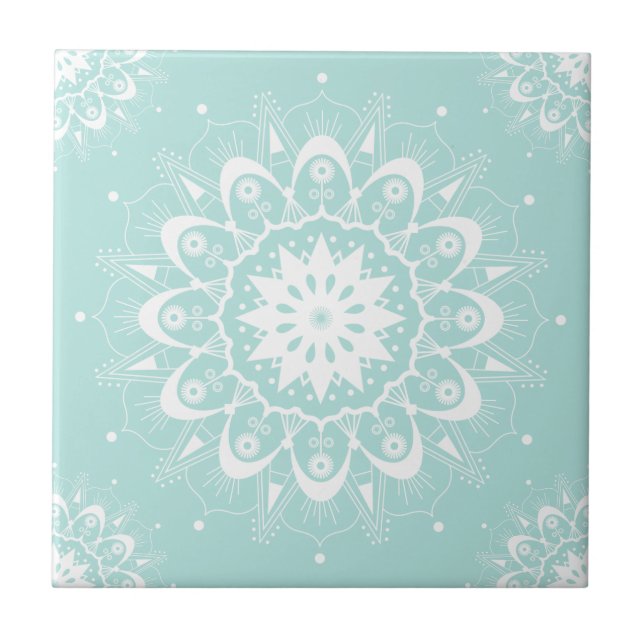 Azulejo Elegante Moda Blanco Verde azulado Floral Mandala (Frente)