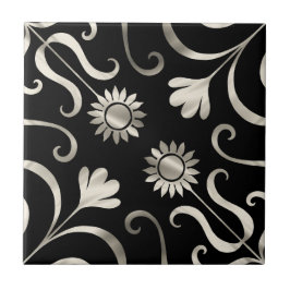 Azulejo Elegante Moda Floral Damask Black Silver Sunflower