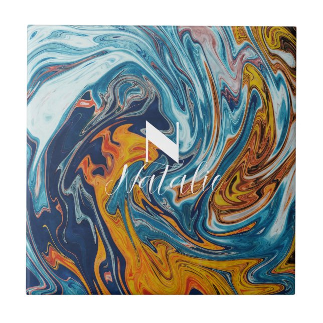 Azulejo Elegante Monograma de Oro Azul de Lujo (Frente)