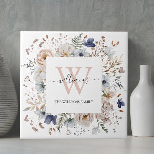 Azulejo Elegante Monograma Hermosas Flores Beige Azul Flor