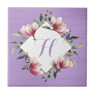 Azulejo Elegante Monograma Inicial Floral de Flor Rosa Púr