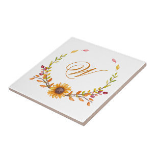 Azulejo Elegante Monograma Rústico Fall Floral