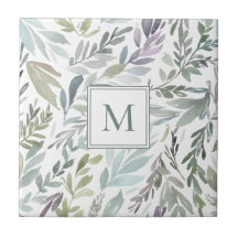 Elegante Monograma Verde Azul Botánico Acuarela