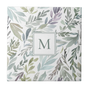 Azulejo Elegante Monograma Verde Azul Botánico Acuarela