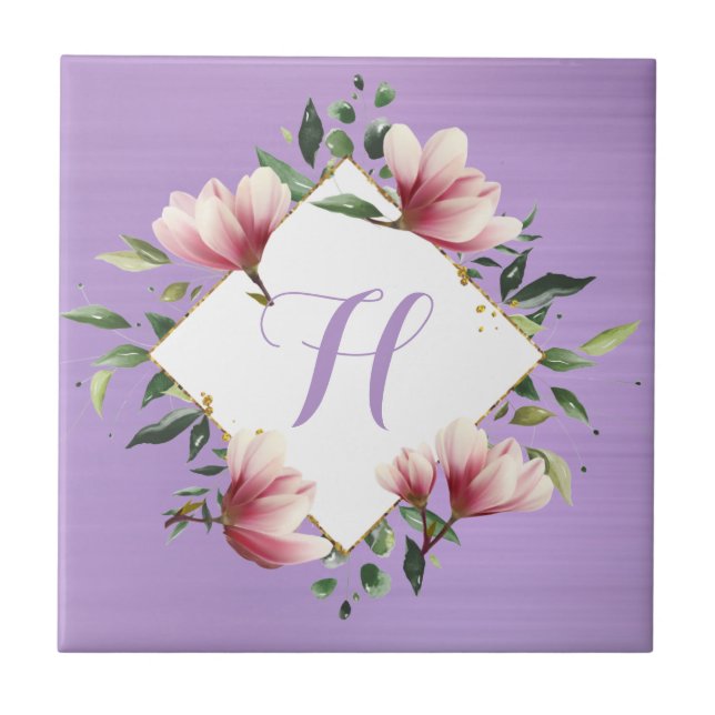 Azulejo Elegante morado rosado flor floral monograma inici (Frente)