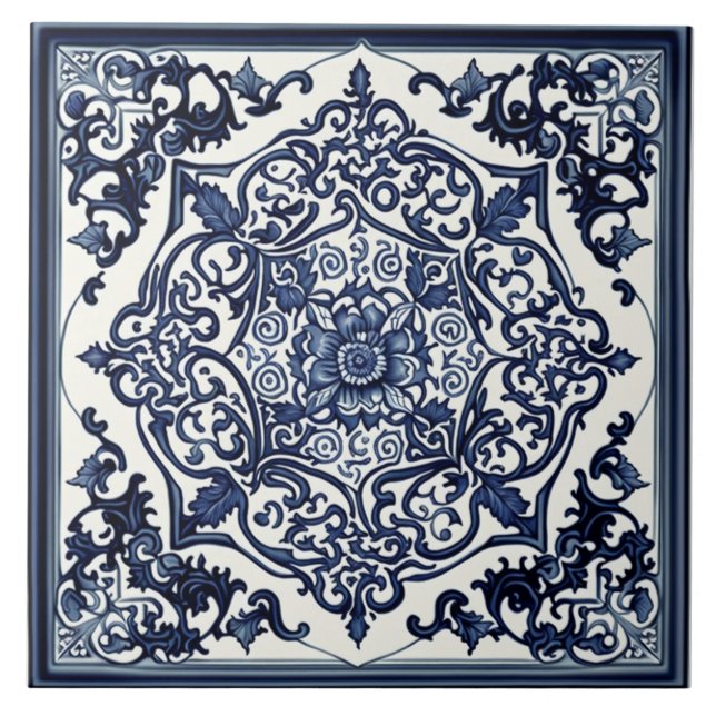 Azulejo Elegante mosaico azul y blanco, Rosa, diseño chino (Frente)