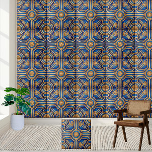 Azulejo Elegante mosaico de claves griega azul y dorada