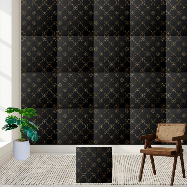 Azulejo Elegante mosaico floral negro y dorado Art Deco (Elegant Black and Gold Art Deco Floral Tile)