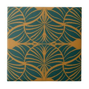 Azulejo Elegante mostaza Art Decó y vieiras Gouache Verde 
