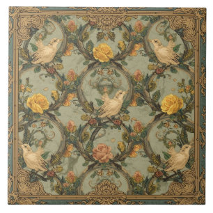 Azulejo Elegante Nouveau Floral Vintage Aves