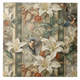 Azulejo Elegante Nouveau Floral Vintage con Aves