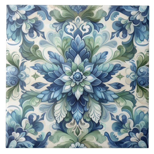 Azulejo Elegante ornamento floral azul y verde florece (Frente)