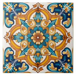 Azulejo Elegante Ornate Azul Amarillo