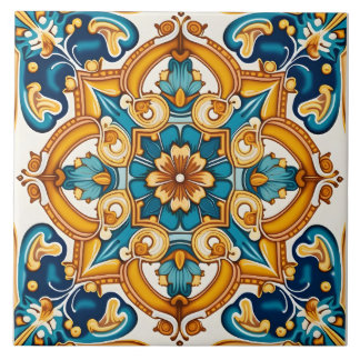 Azulejo Elegante Ornate Azul Amarillo
