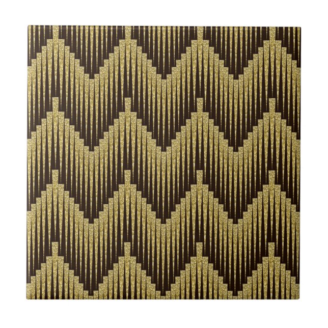 Azulejo Elegante Oro Negro Patrón Ornamental Decorativo (Frente)