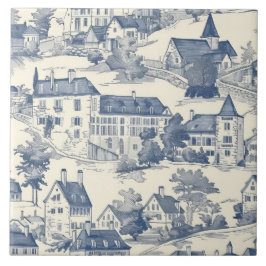 Azulejo Elegante paisaje del pueblo de la tela azul de Jou