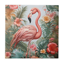 Azulejo Elegante pájaro rosa flamenco y flores tropicales