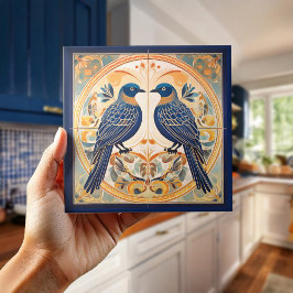 Azulejo Elegante pájaros Art Nouveau Pat#22 Blue Peach ID1