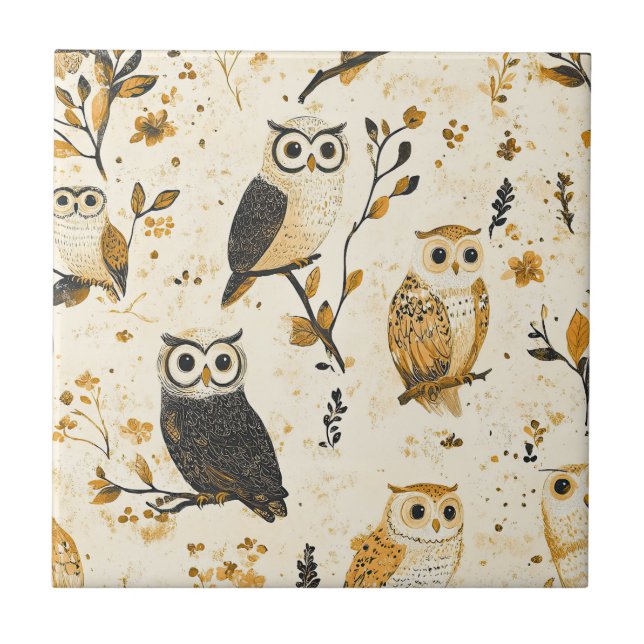 Azulejo Elegante patrón botánico de fauna búho beige (Frente)