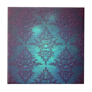 Azulejo Elegante Patrón Damask de Verde Acuario a Púrpura