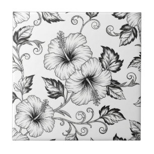 Azulejo Elegante patrón de arte de línea floral en blanco 