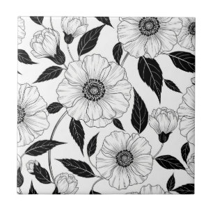 Azulejo Elegante patrón de arte de línea floral en blanco 