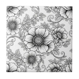 Azulejo Elegante patrón de arte de línea floral en blanco 