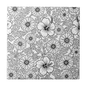 Azulejo Elegante patrón de arte de línea floral en blanco 