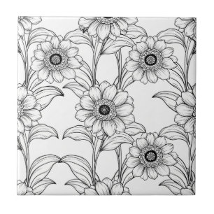 Azulejo Elegante patrón de arte de línea floral en blanco 