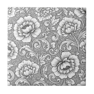 Azulejo Elegante patrón de arte de línea floral en blanco 