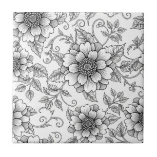 Azulejo Elegante patrón de arte de línea floral en blanco 