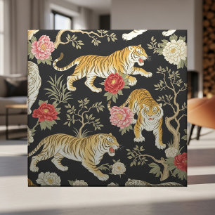Azulejo Elegante patrón de chinoiserie negro con tigre y p